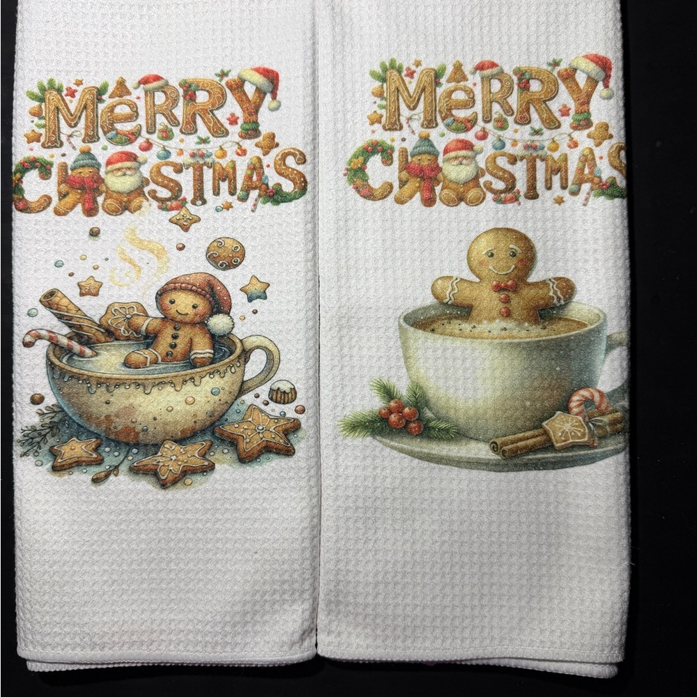 Festive Merry Christmas White Kitchen Towels - Holiday Gingerbread Design